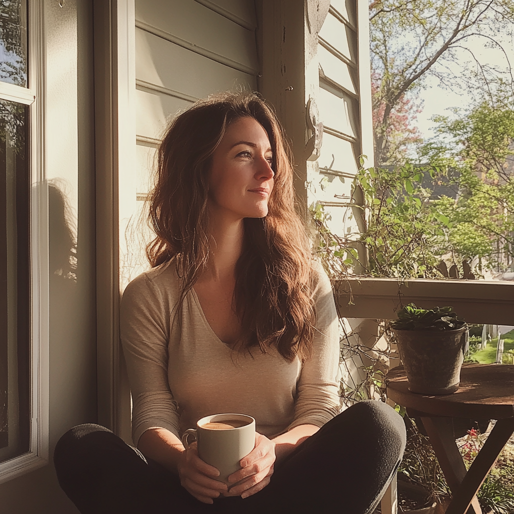 A woman sitting on her porch and drinking coffee | Source: Midjourney