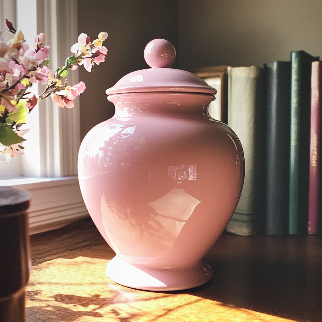 A pink funerary urn on a desk | Source: Midjourney