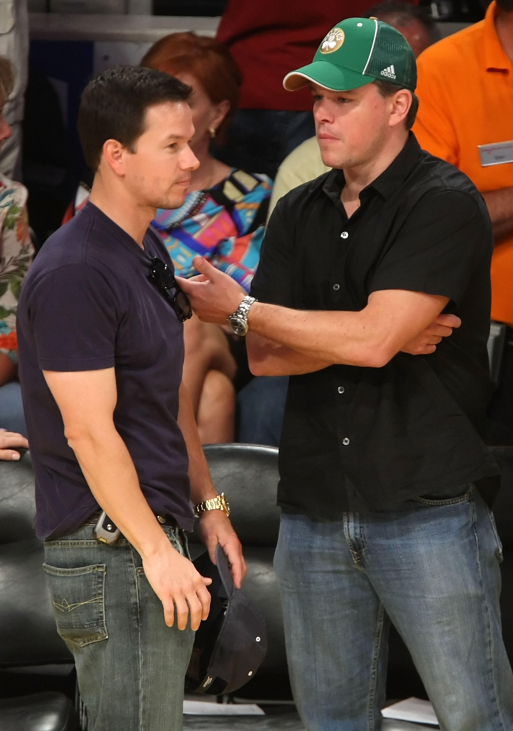 Actors Mark Wahlberg and Matt Damon attend Game Five of the 2008 NBA Finals between the Los Angeles Lakers and the Boston Celtics on June 15, 2008 at Staples Center in Los Angeles, California. | Source: Getty Images