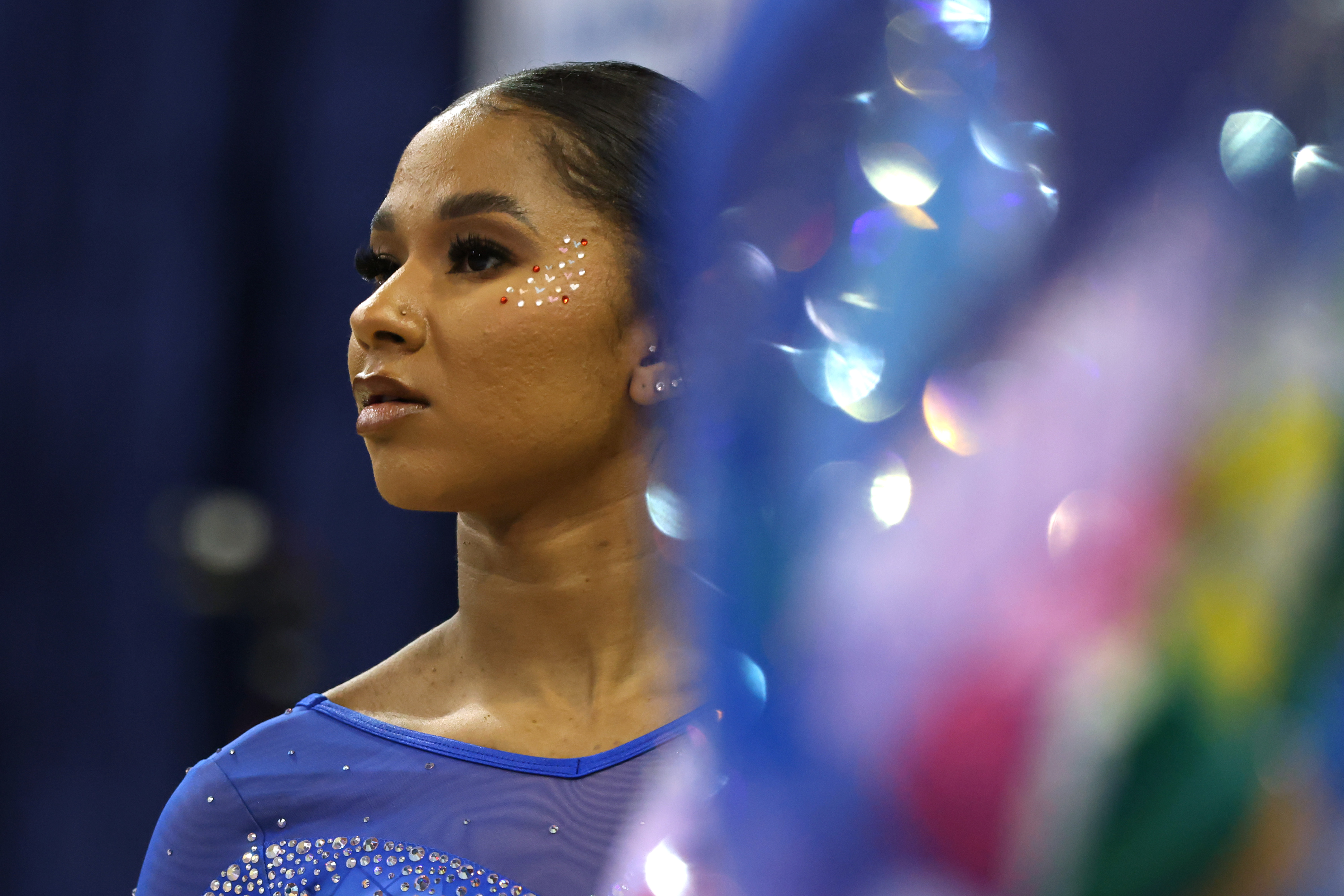 Jordan Chiles of the UCLA Bruins looks on during a meet against the Penn State Nittany Lions at Pauley Pavilion on February 14, 2025, in Los Angeles, California | Source: Getty Images