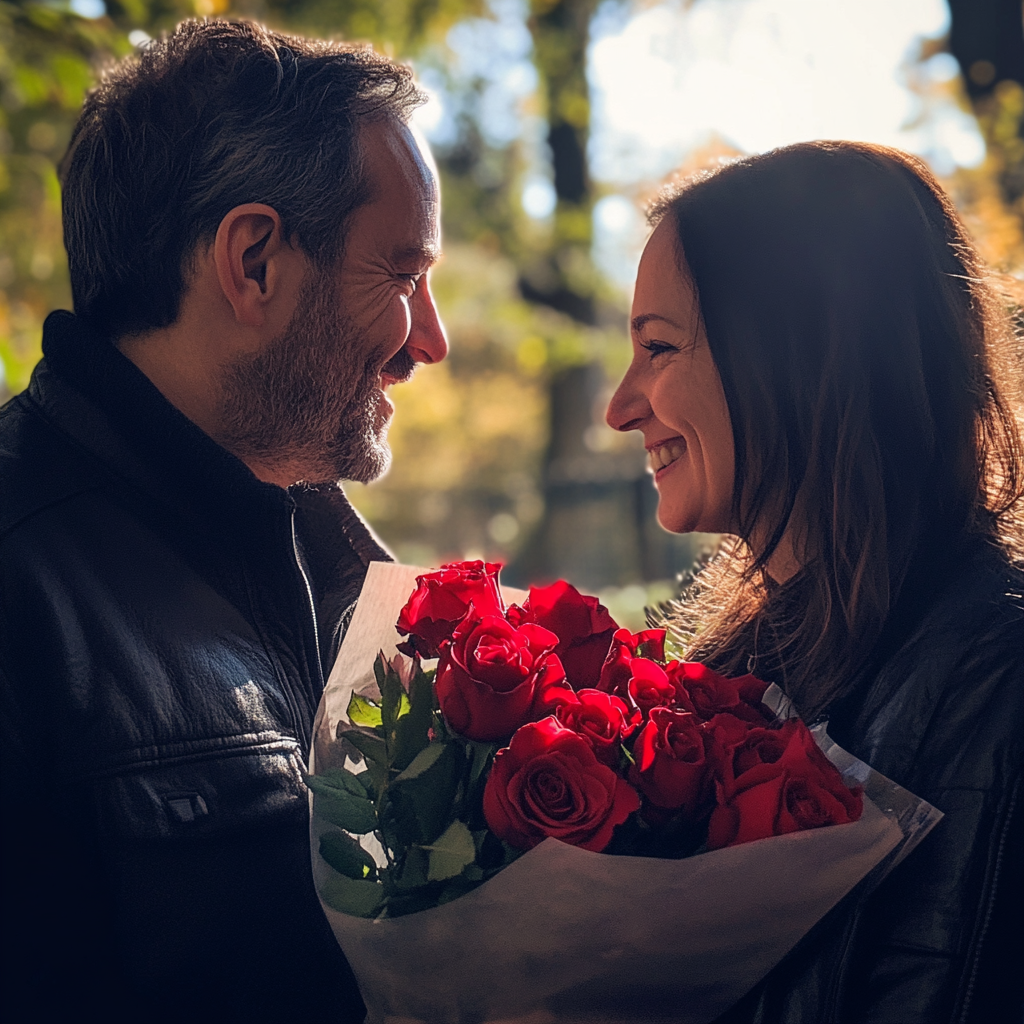 A couple with a bouquet of roses | Source: Midjourney