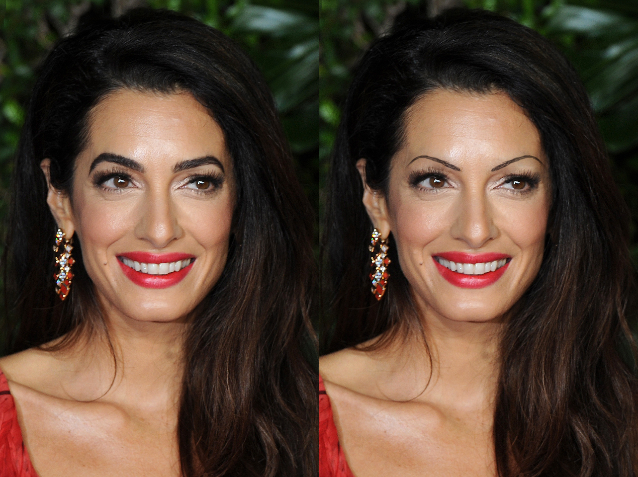 Amal Clooney's signature brows from 2022 vs digitally edited thin-brow look | Source: Getty Images