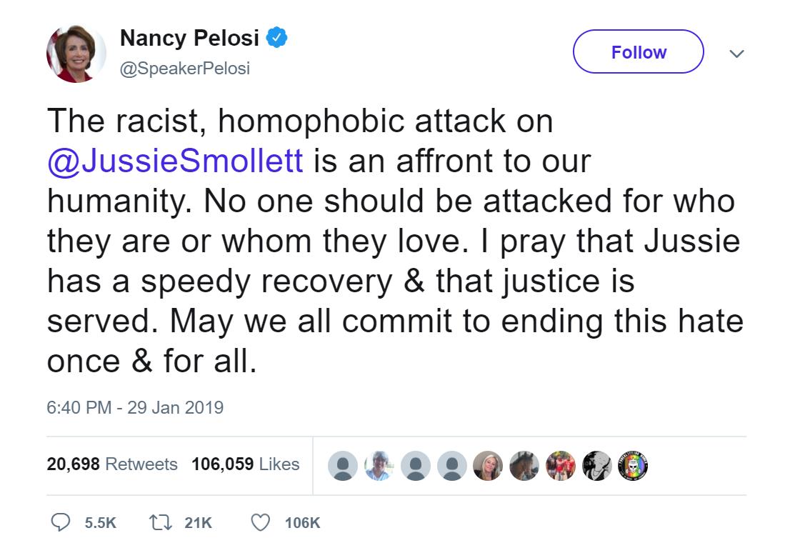 Screenshot of now deleted tweet from Nancy Pelosi | Source: Twitter @speakerpelosi