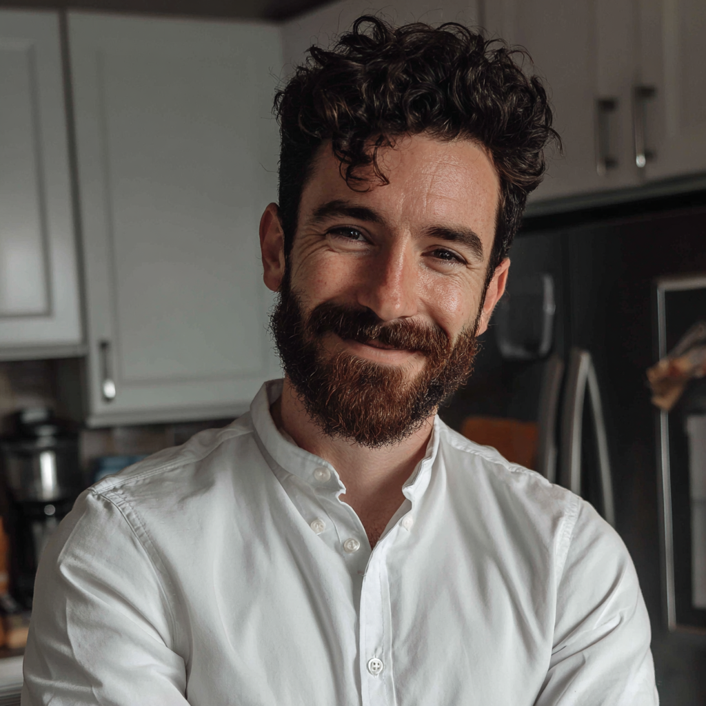 A smiling man standing in a kitchen | Source: Midjourney