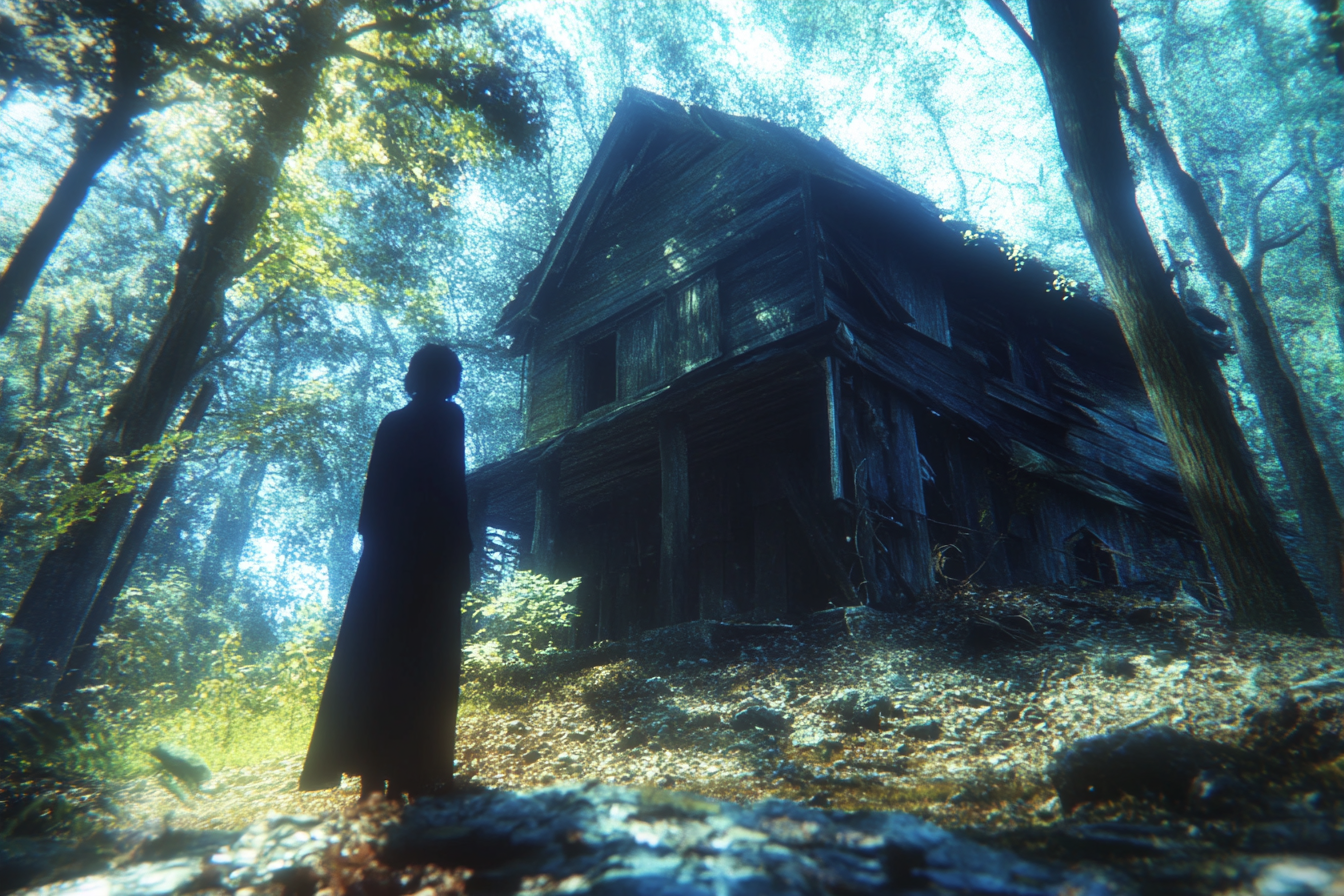 A woman standing outside an old cabin | Source: Midjourney