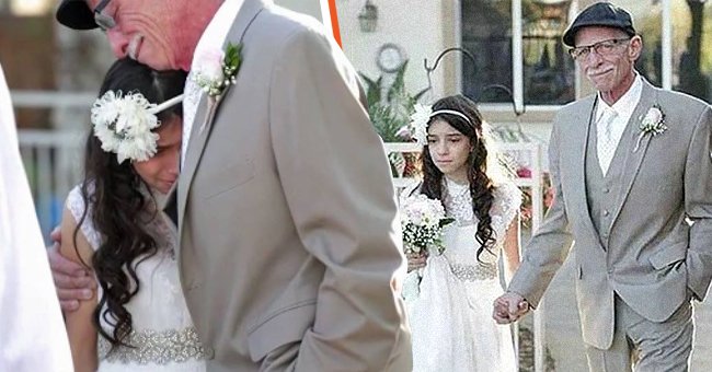 Emotionaler Moment, als Jim Zetz seine Tochter Josie Zetz umarmt [links]; Jim Zetz hält die Hand seiner Tochter, als sie zum Altar schreiten [rechts]. | Quelle: Facebook.com/ktla5 - Facebook.com/blackhatanime
