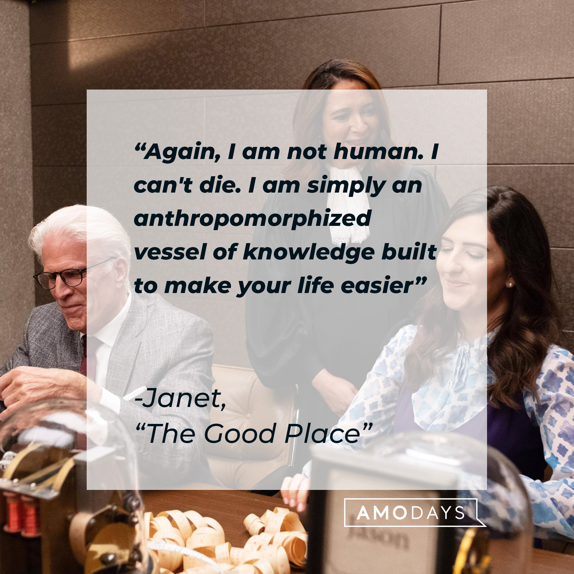 Janet's quote: "Again, I am not human. I can't die. I am simply an anthropomorphized vessel of knowledge built to make your life easier" | Source: facebook.com/NBCTheGoodPlace