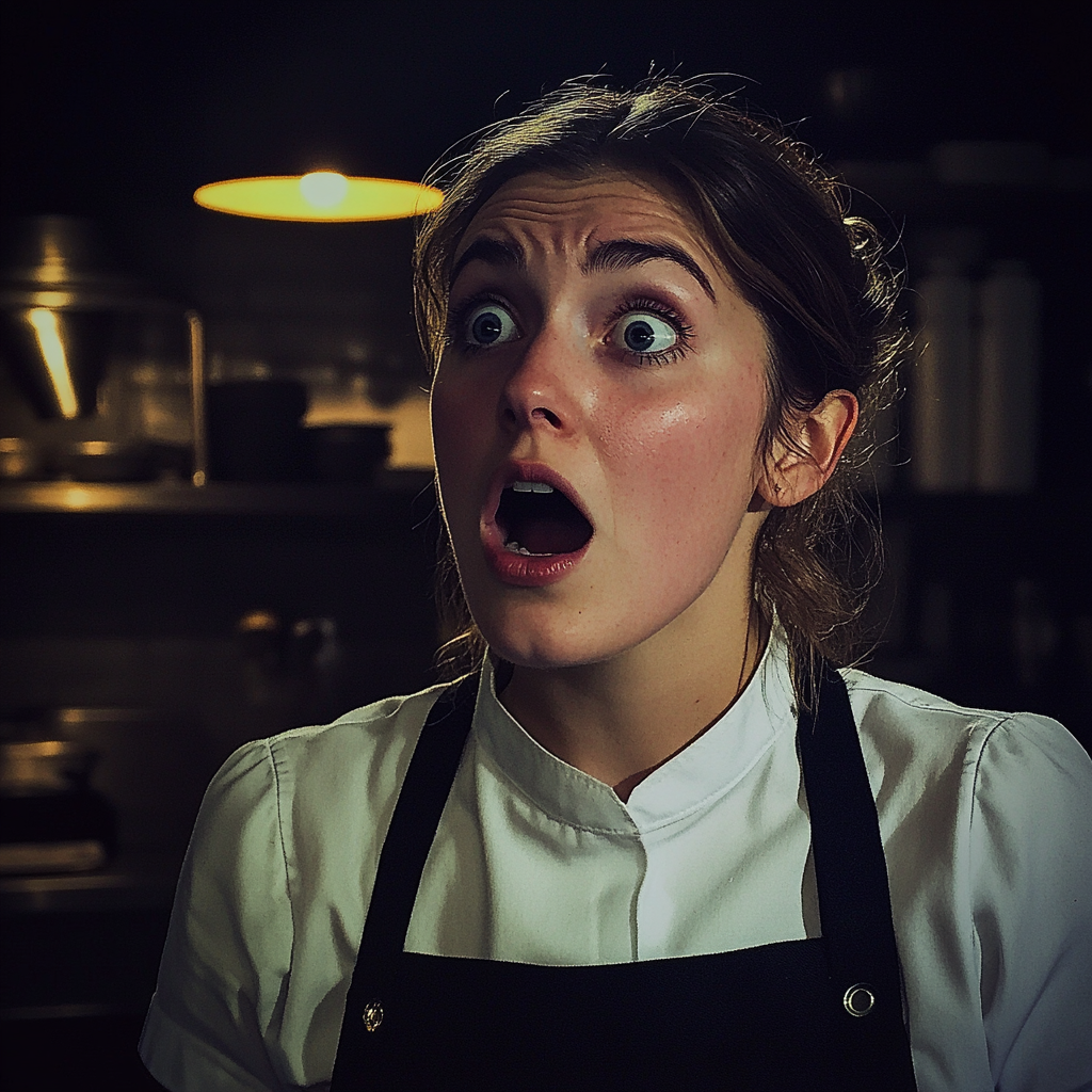 A close up of a waitress with a surprised expression | Source: Midjourney