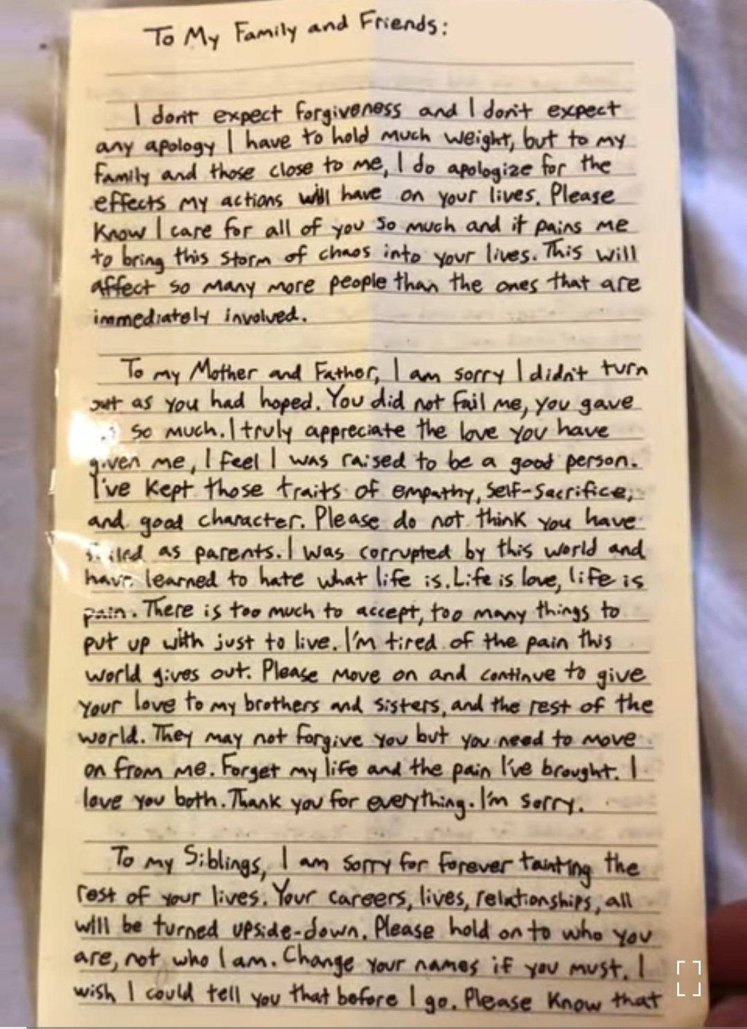The opening page of the manifesto addressed to family and friends, in which Robin Westman expressed regret and inner turmoil | Source: Facebook/ChristinaAguayoNews