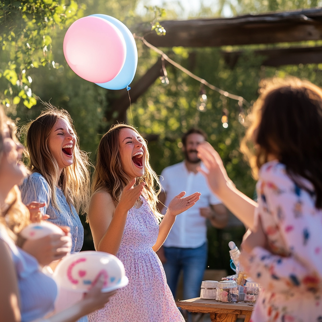 Excited guests at an outdoor gender reveal party | Source: Midjourney