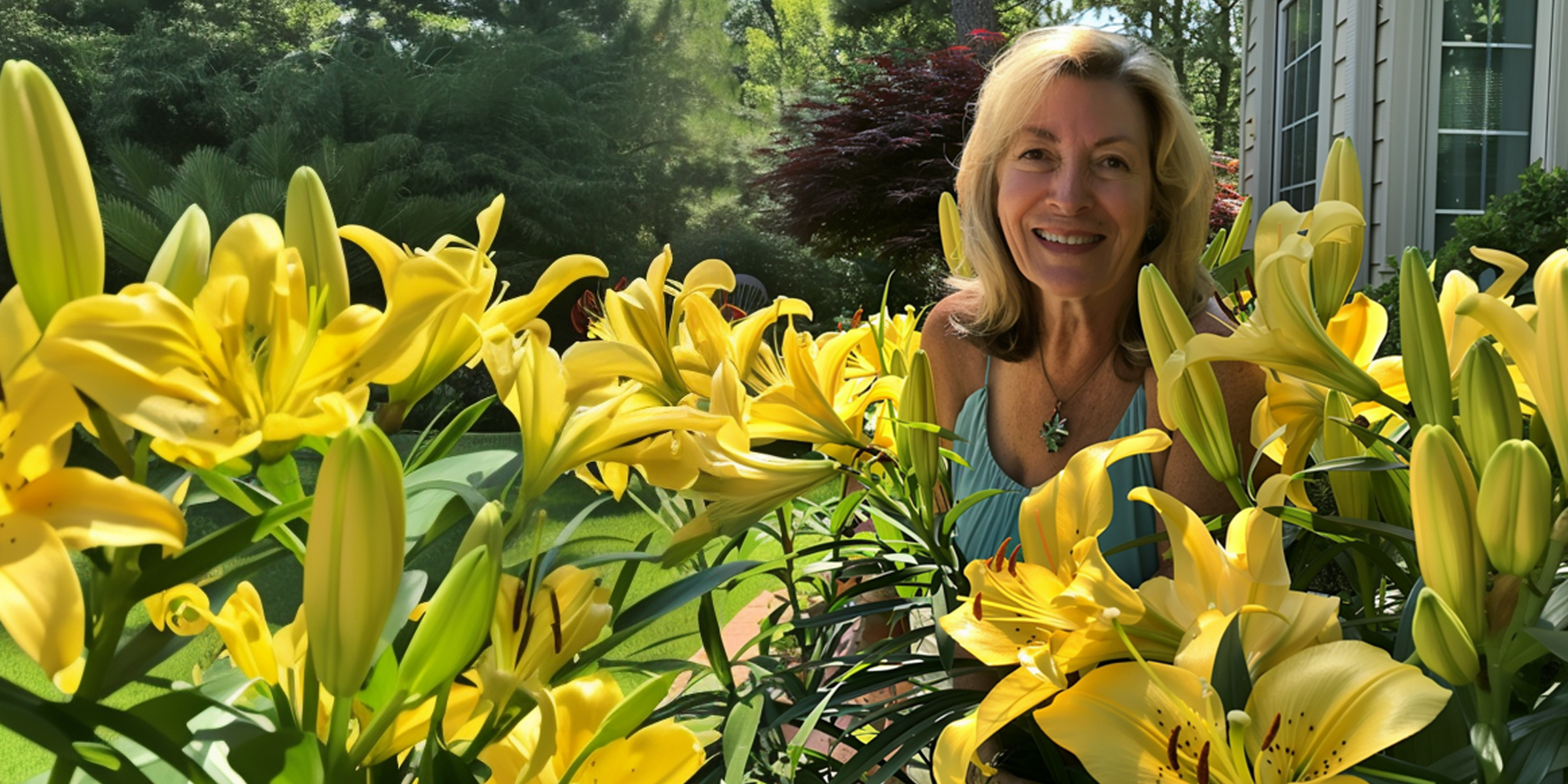 A woman posing behind a bright array of lilies | Source: Amomama