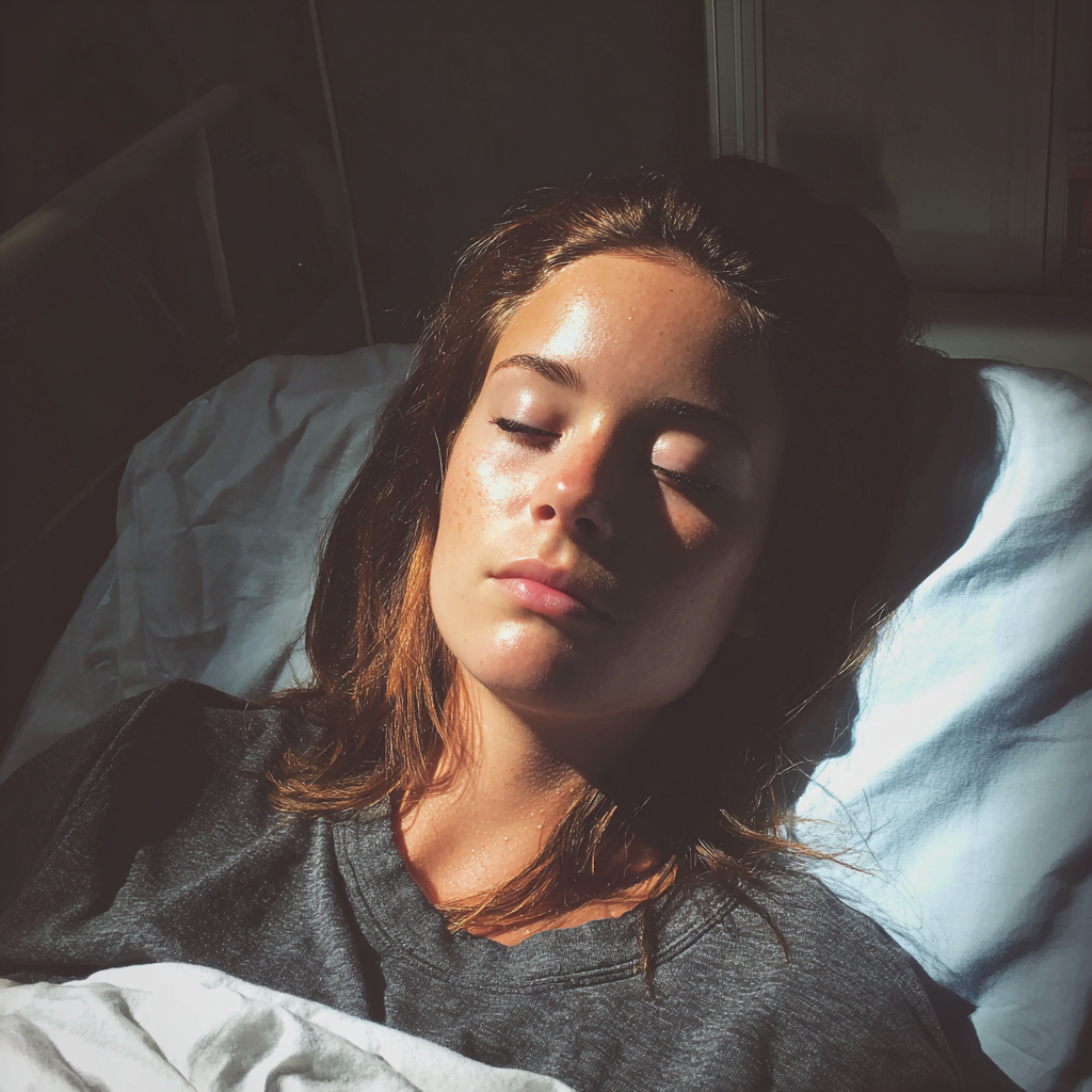 A woman lying in a hospital bed with closed eyes | Source: Midjourney