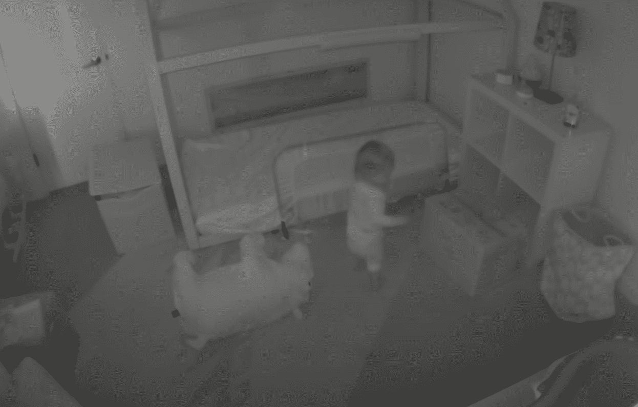 The baby monitor reveals that Chloe managed to climb out of her bed. | Source: youtube.com/Cheese Pups