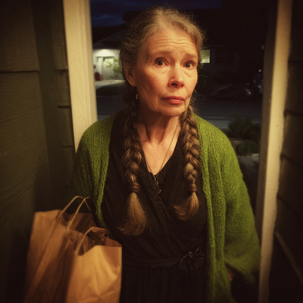 A woman holding a brown paper bag | Source: Midjourney