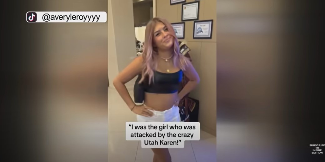 Avery Leroy showing off the skirt that Ida Ann Lorenzo felt was too short for a public appearance in St. George, Utah, on May 11, 2024 | Source: YouTube/Inside Edition