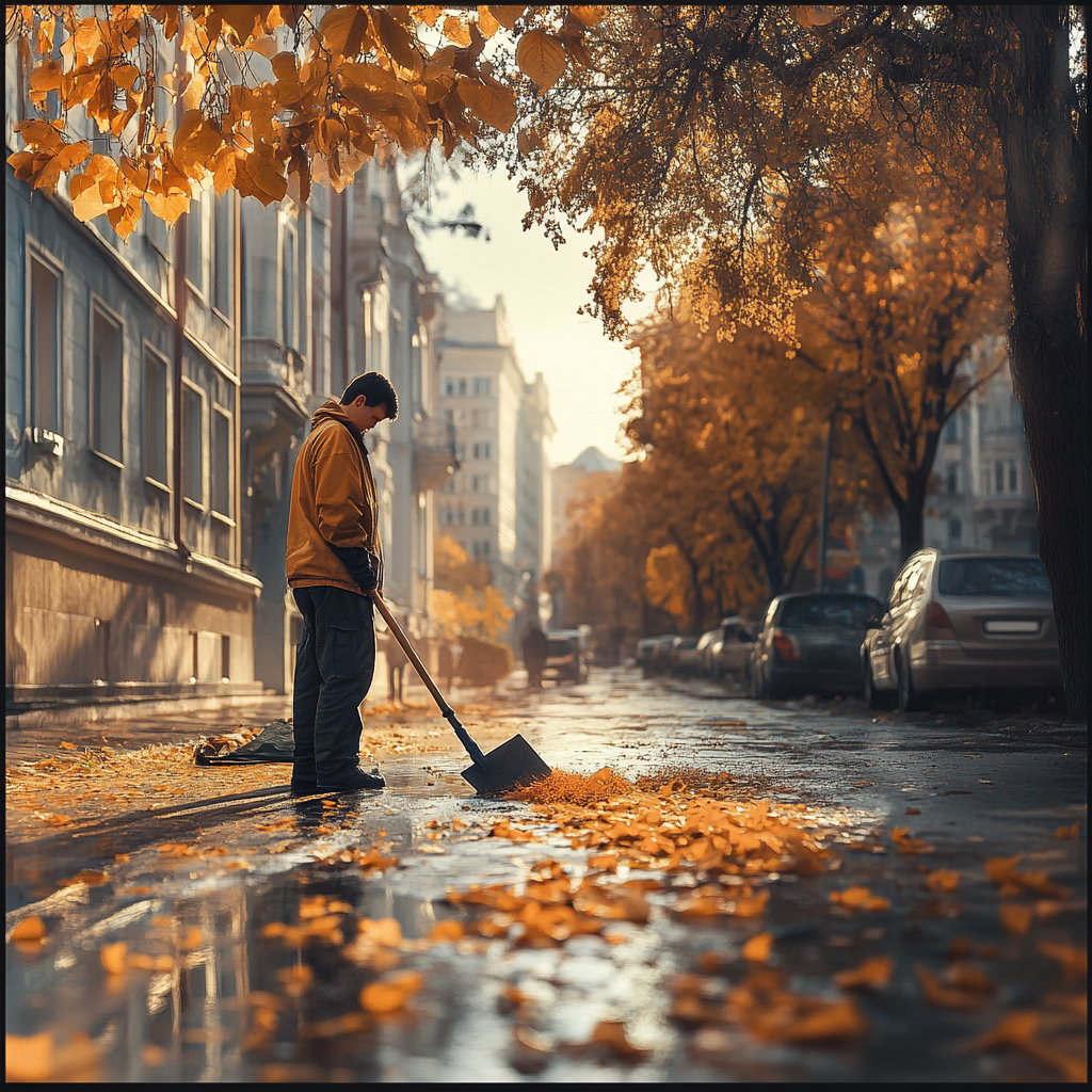 A man sweeping the street | Source: Midjourney