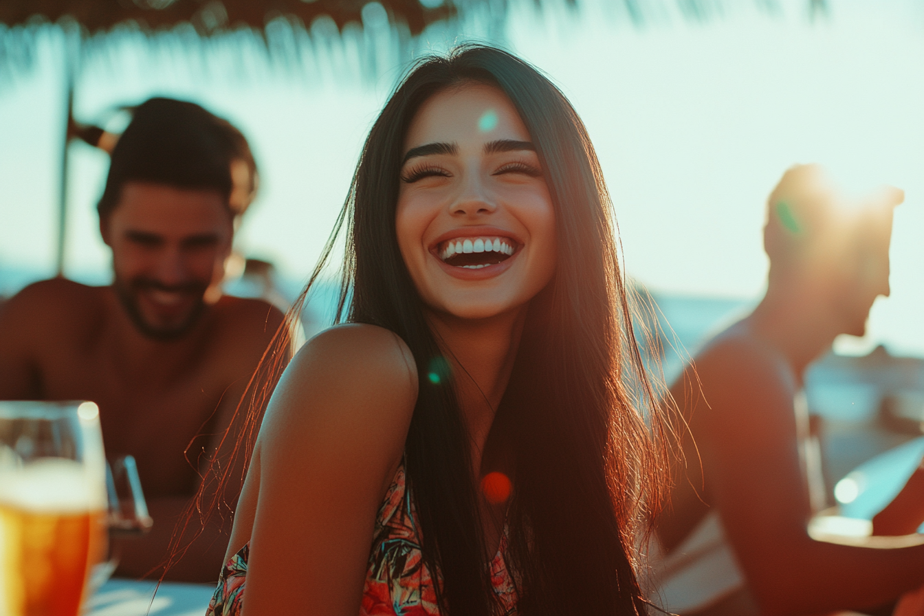 A woman at a beach resort, laughing | Source: Midjourney