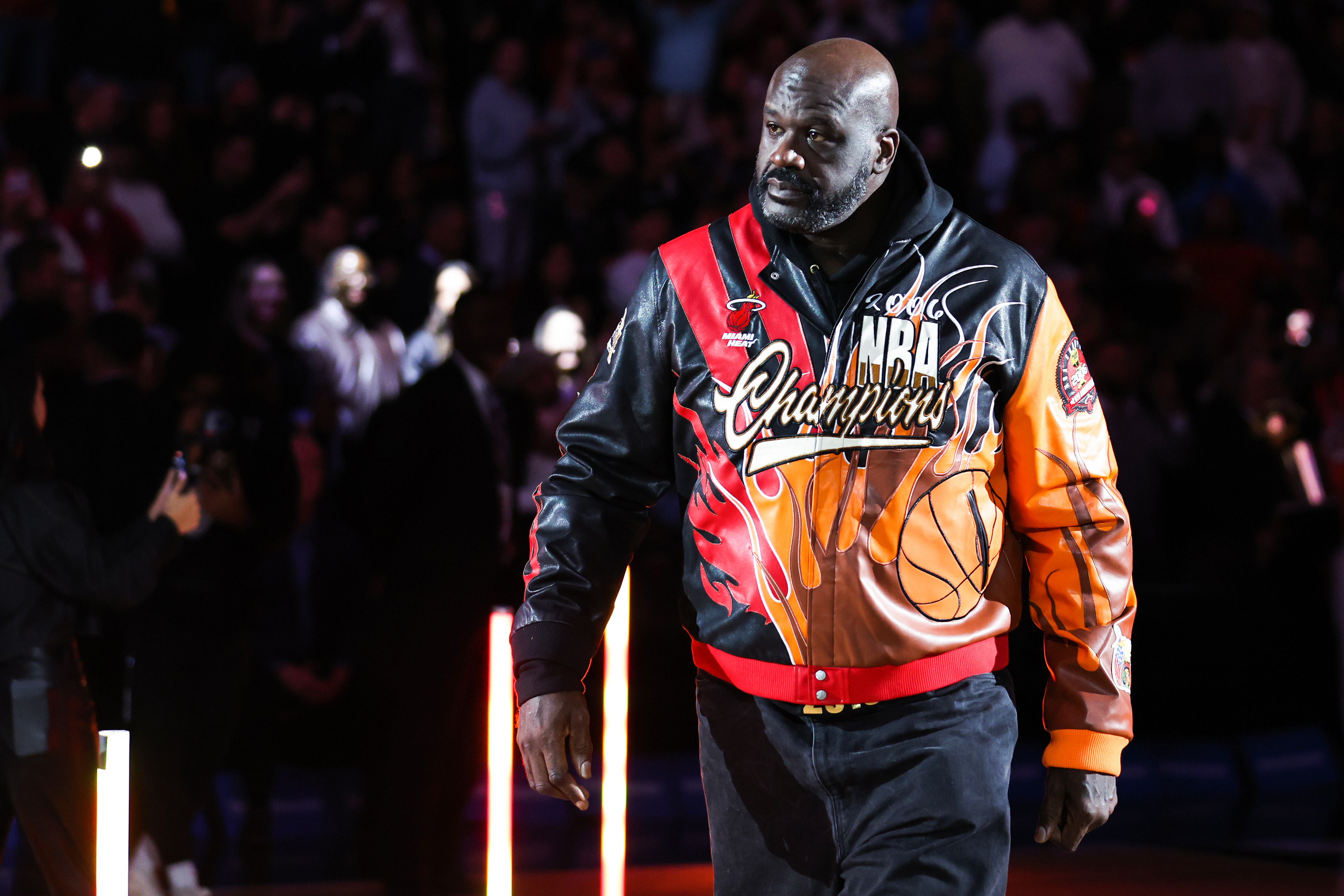Shaquille O'Neal celebrates the 20th anniversary of the Miami Heat's 2006 NBA Finals title at halftime of a game between the Atlanta Hawks and Miami Heat at Kaseya Center on February 3, 2026, in Miami, Florida. | Source: Getty Images