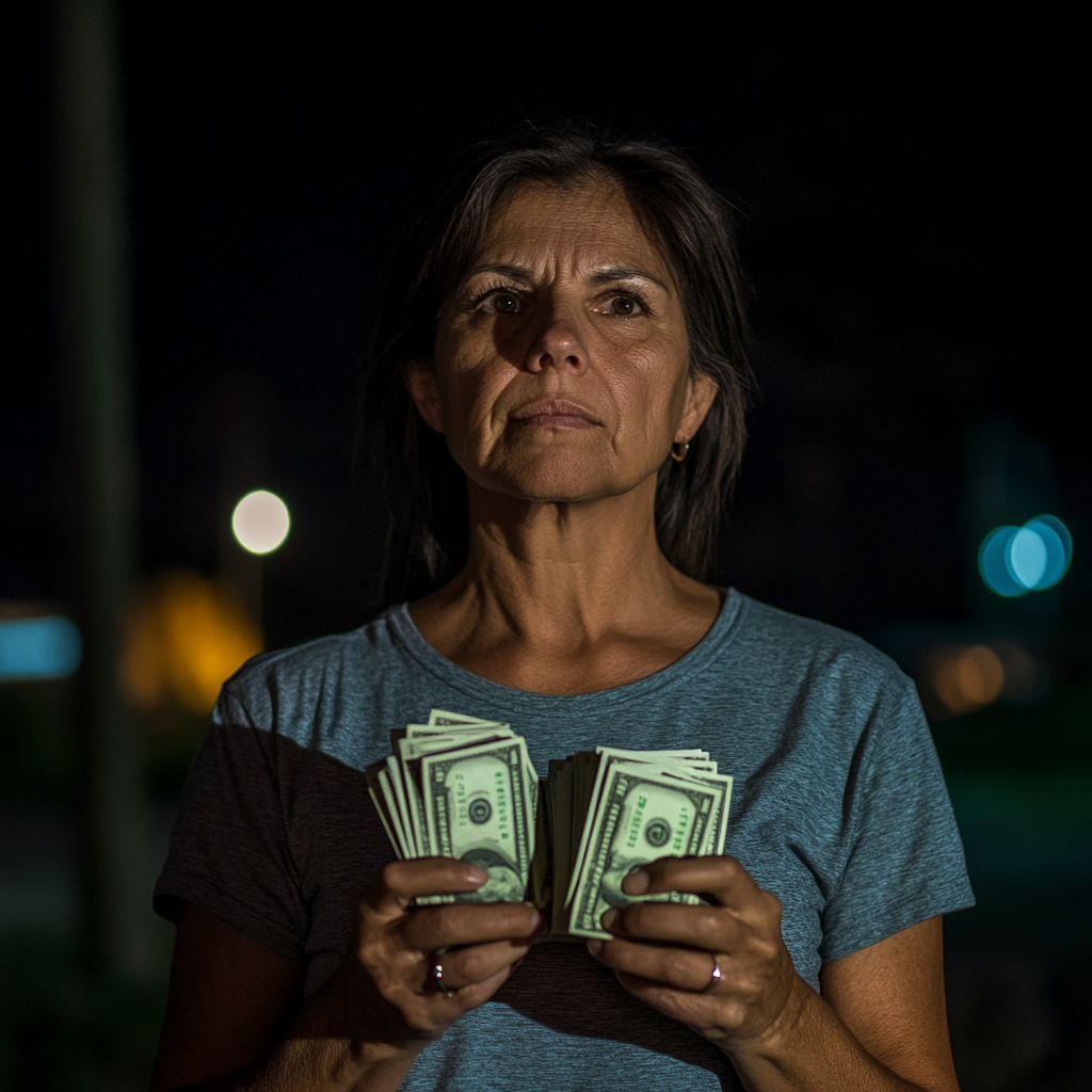 A woman holding packs of cash | Source: Midjourney