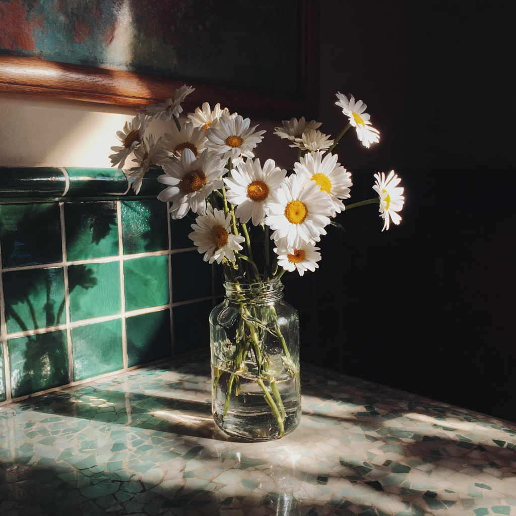 A vase of flowers on a counter | Source: Midjourney