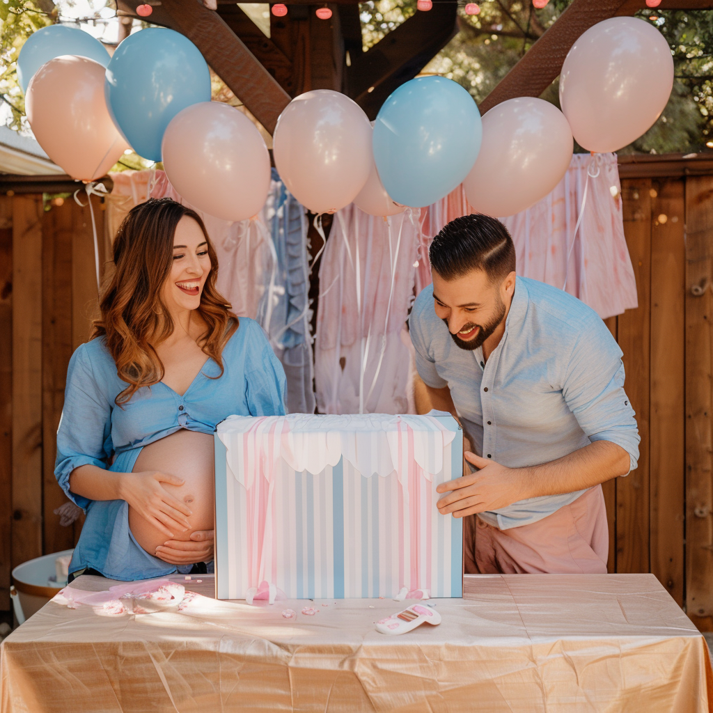 An excited pregnant couple standing next to the gender reveal box at their baby's gender reveal party | Source: Midjourney