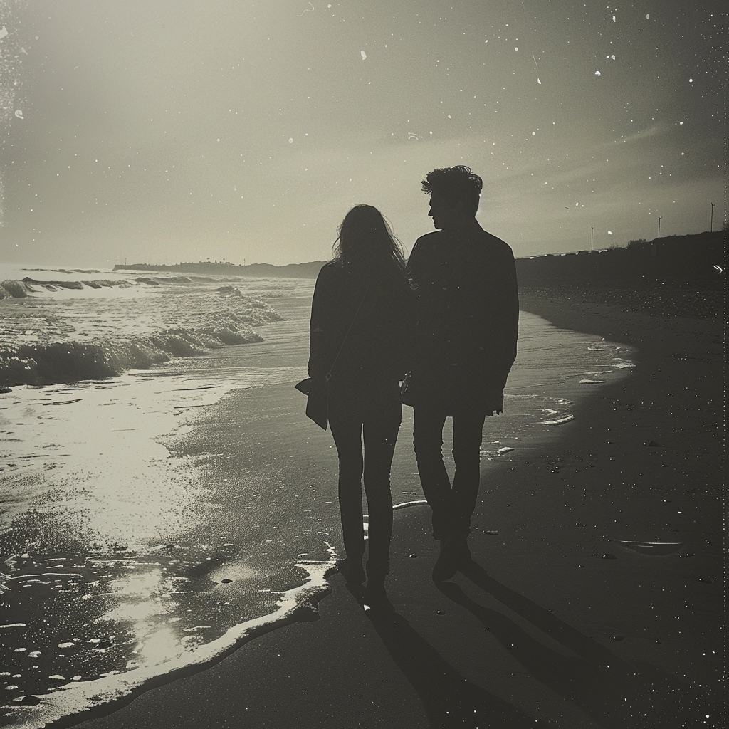 A couple walking along the beach | Source: Midjourney