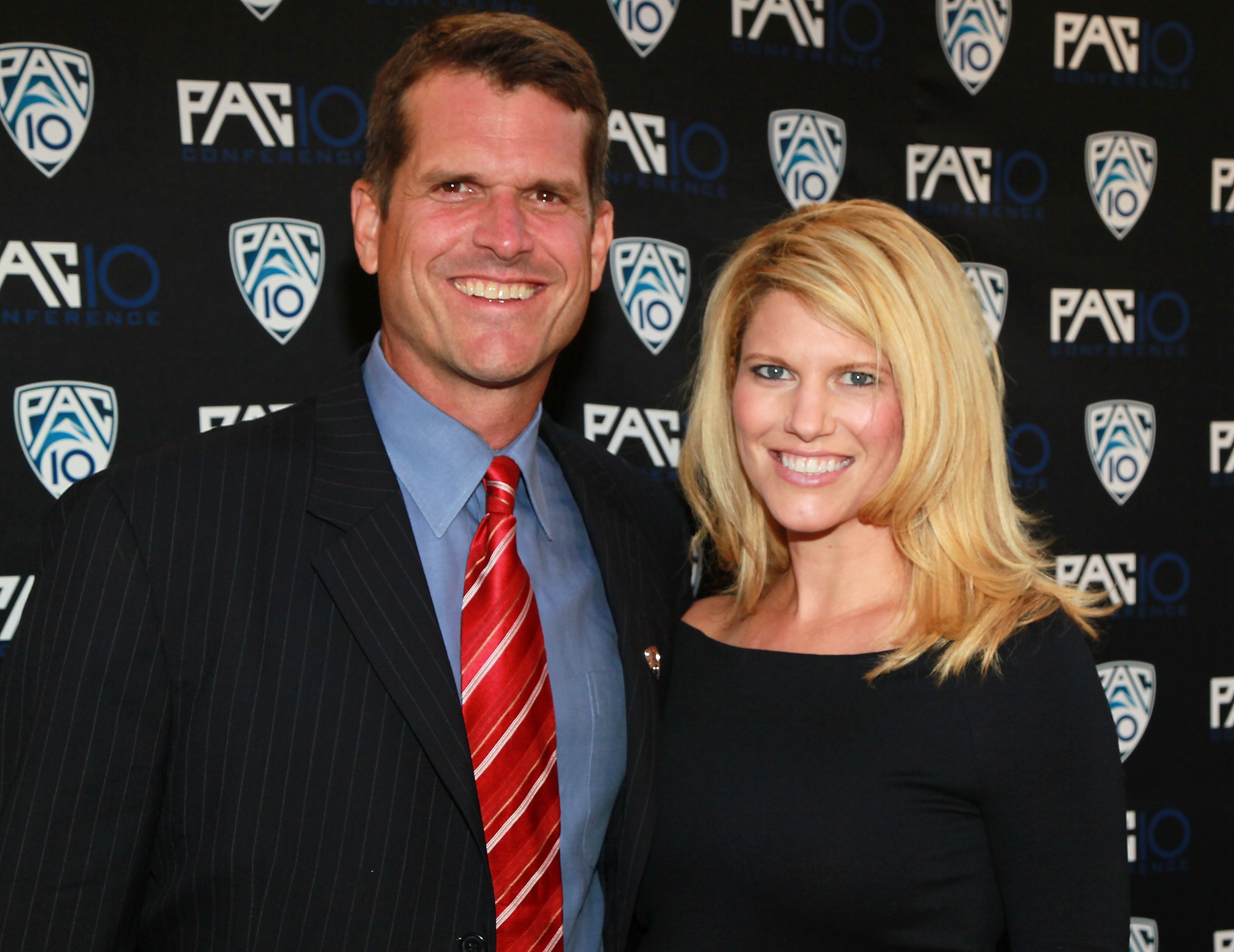 Jim Harbaugh and Sarah Harbaugh during FOX Sports/PAC-10 Conference Hollywood premiere night at 20th Century FOX Studios on July 29, 2010, in Los Angeles, California. | Source: Getty Images