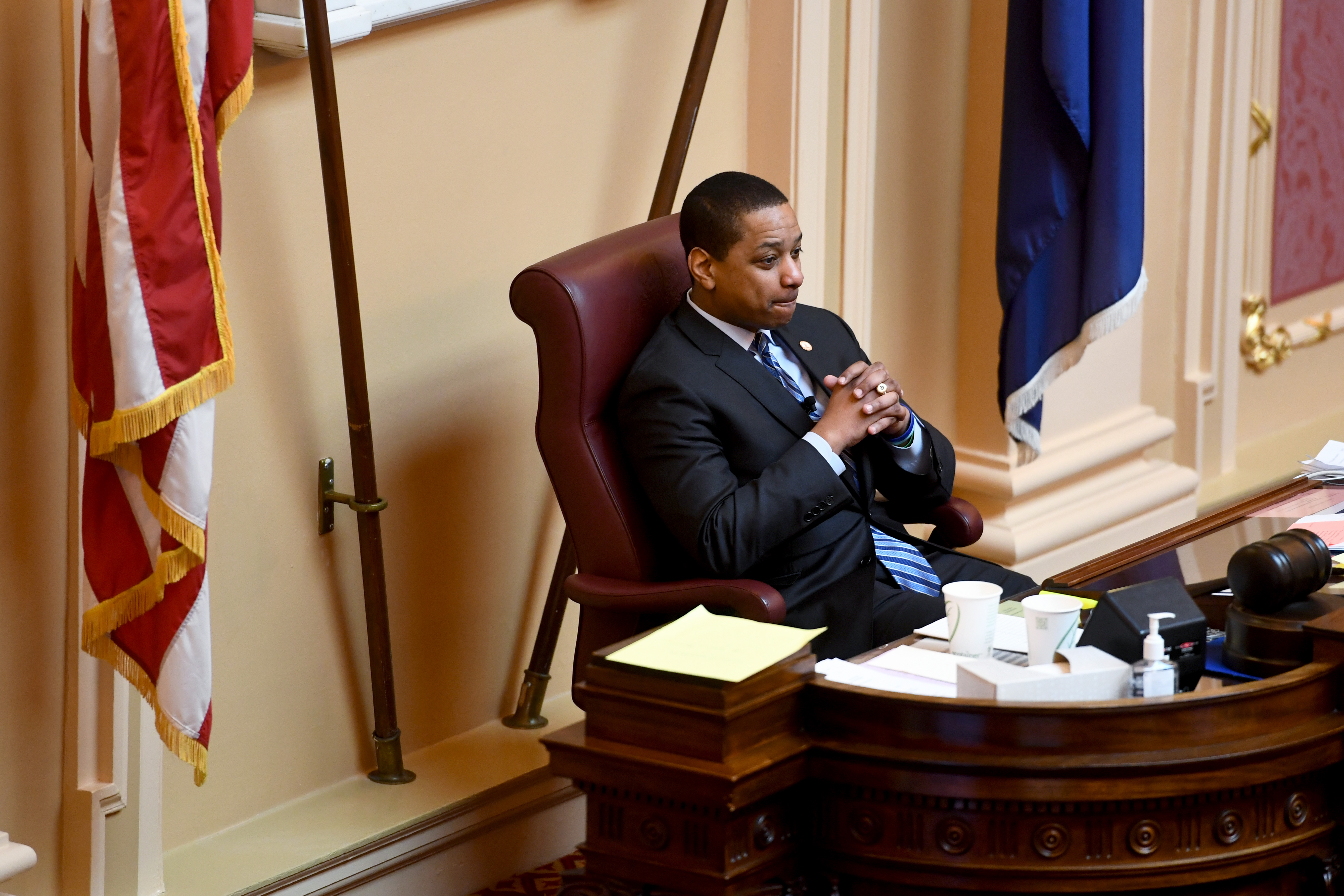 Justin Fairfax sits at the dais while overseeing legislative proceedings in Richmond, Virginia on February 8, 2019 | Source: Getty Images