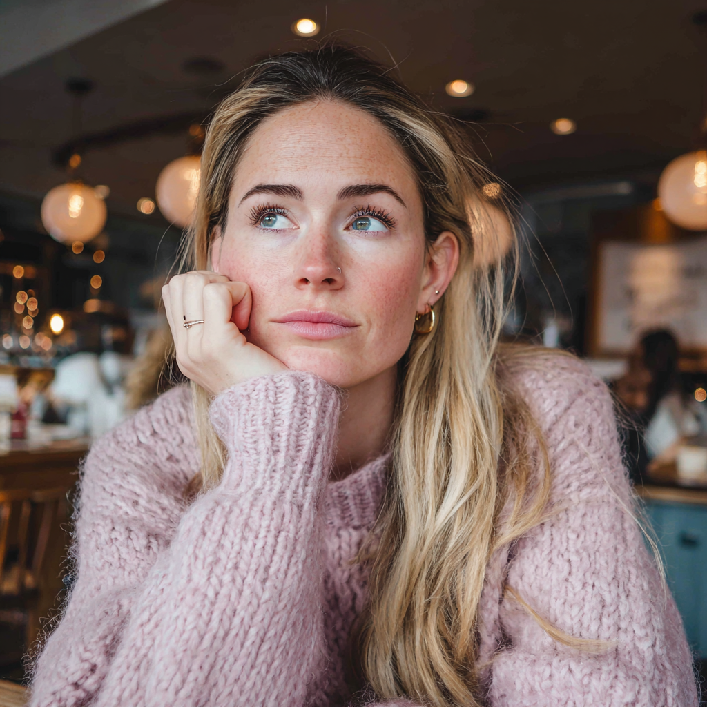 An emotional woman sitting in a coffee shop | Source: Midjourney