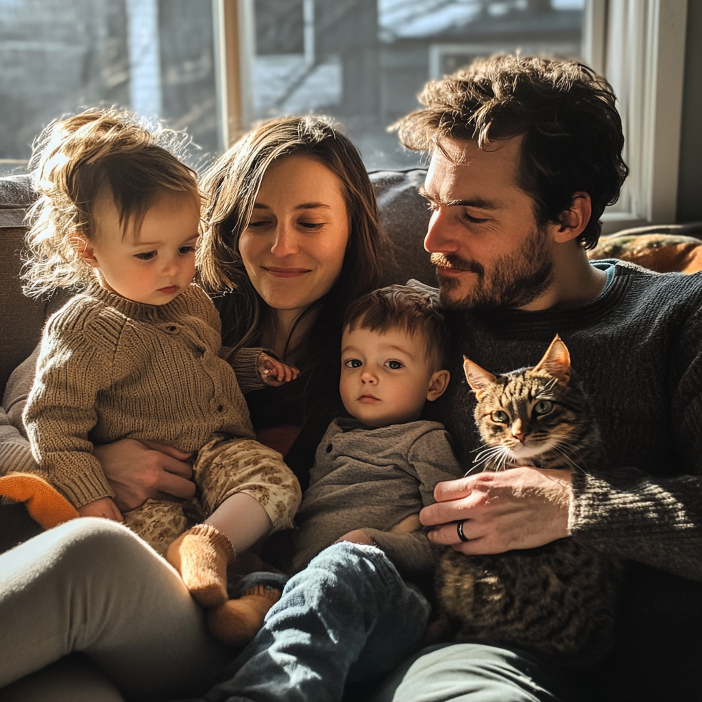 A couple with their kids and a cat | Source: Midjourney