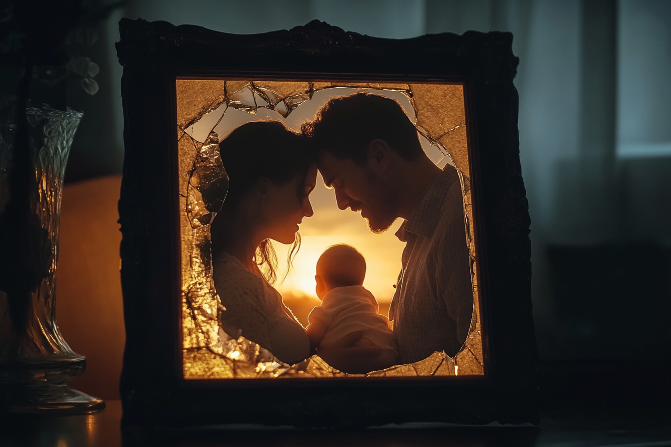 A broken framed photo of a couple with a baby | Source: Midjourney