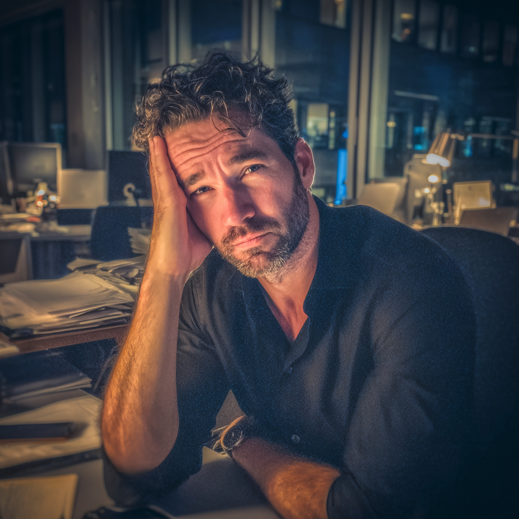 A frowning man sitting at his desk | Source: Midjourney