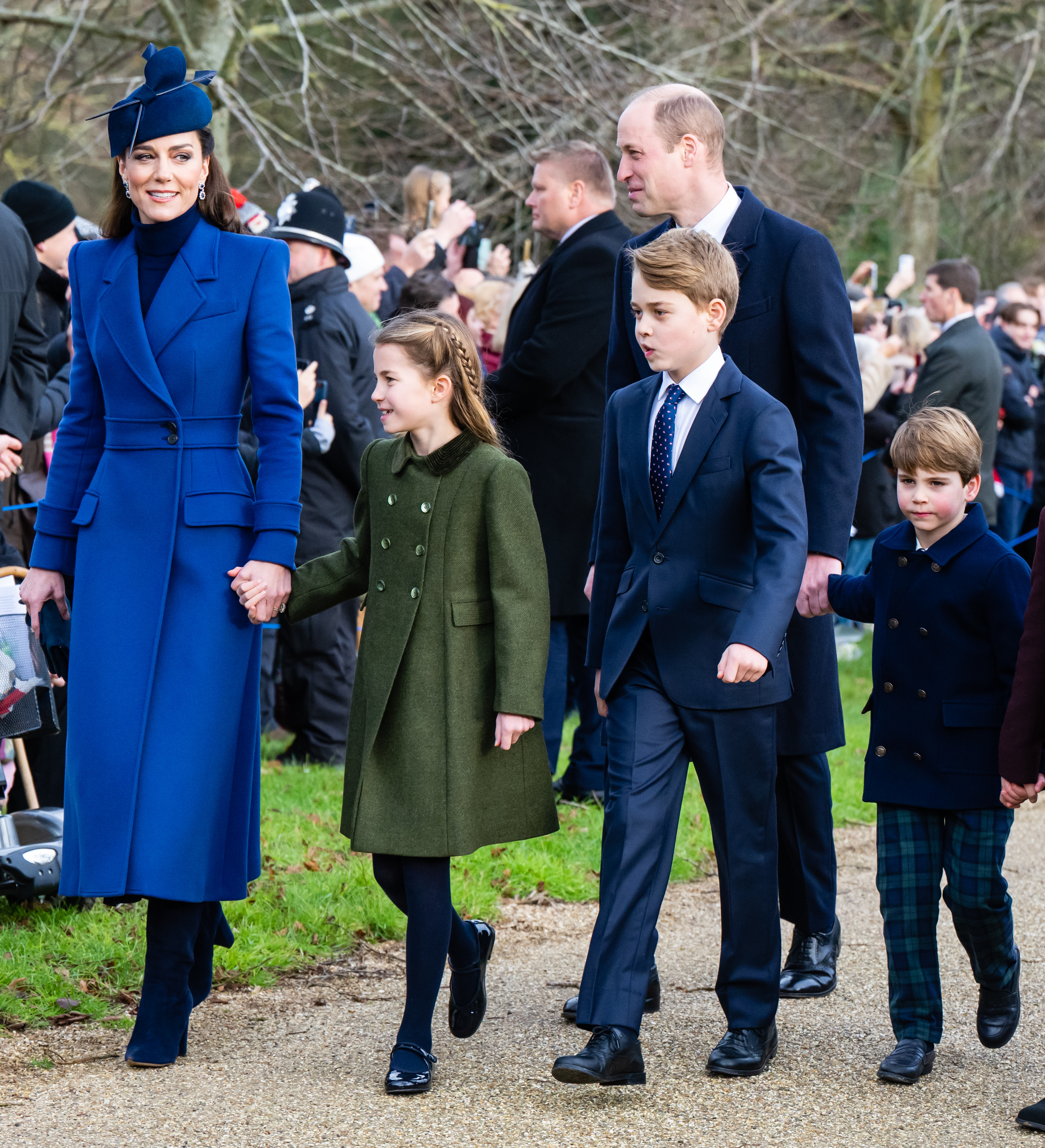 William, Prince of Wales and Catherine, Princess of Wales with their children, Princess Charlotte, Prince George, and Prince Louis attend the Christmas Morning Service on December 25, 2023 in Sandringham, Norfolk | Source: Getty Images