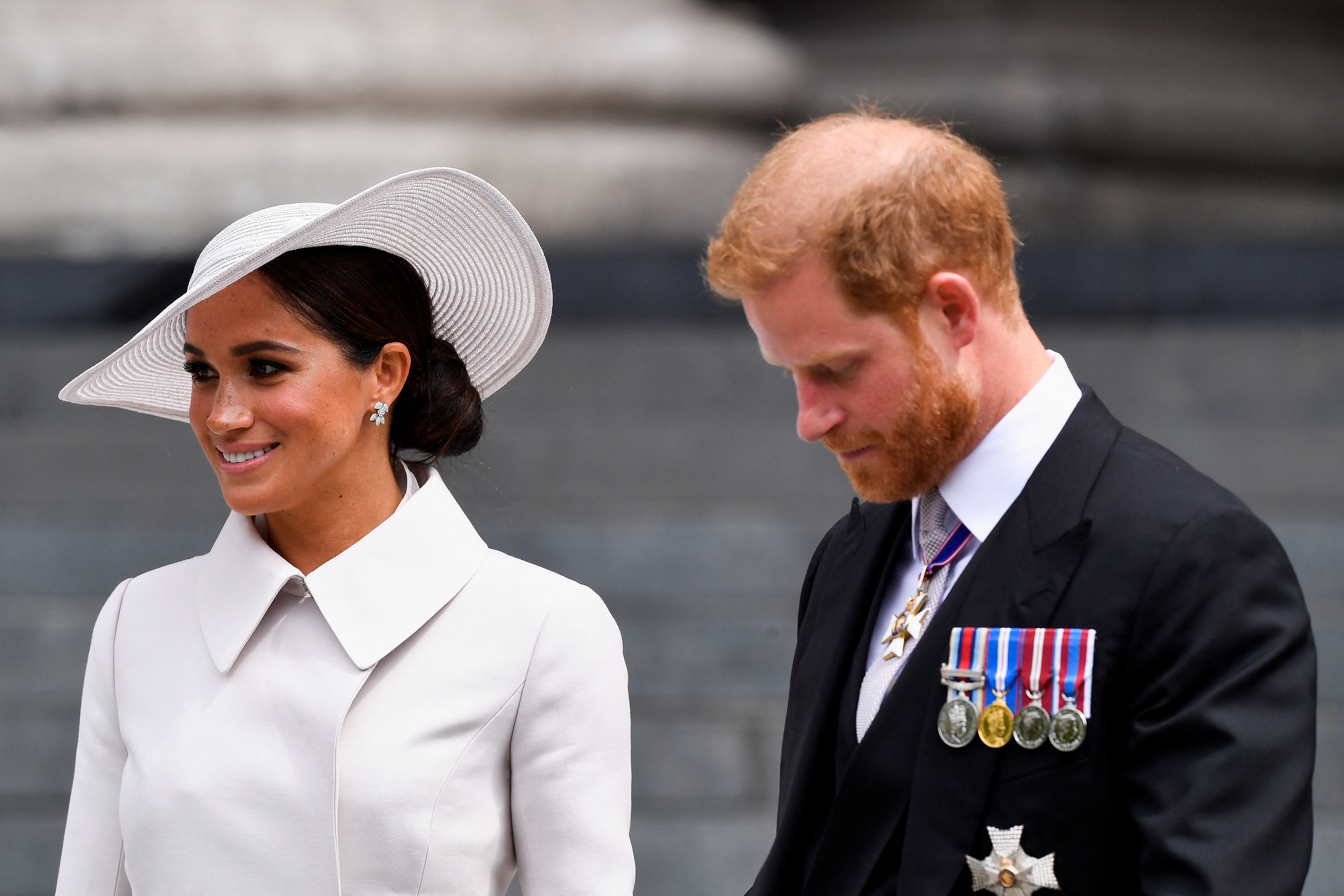 Prince Harry and Meghan, Duchess of Sussex, leave after attending the National Service of Thanksgiving during the Queen's Platinum Jubilee celebrations on June 3, 2022, in London, England | Source: Getty Images