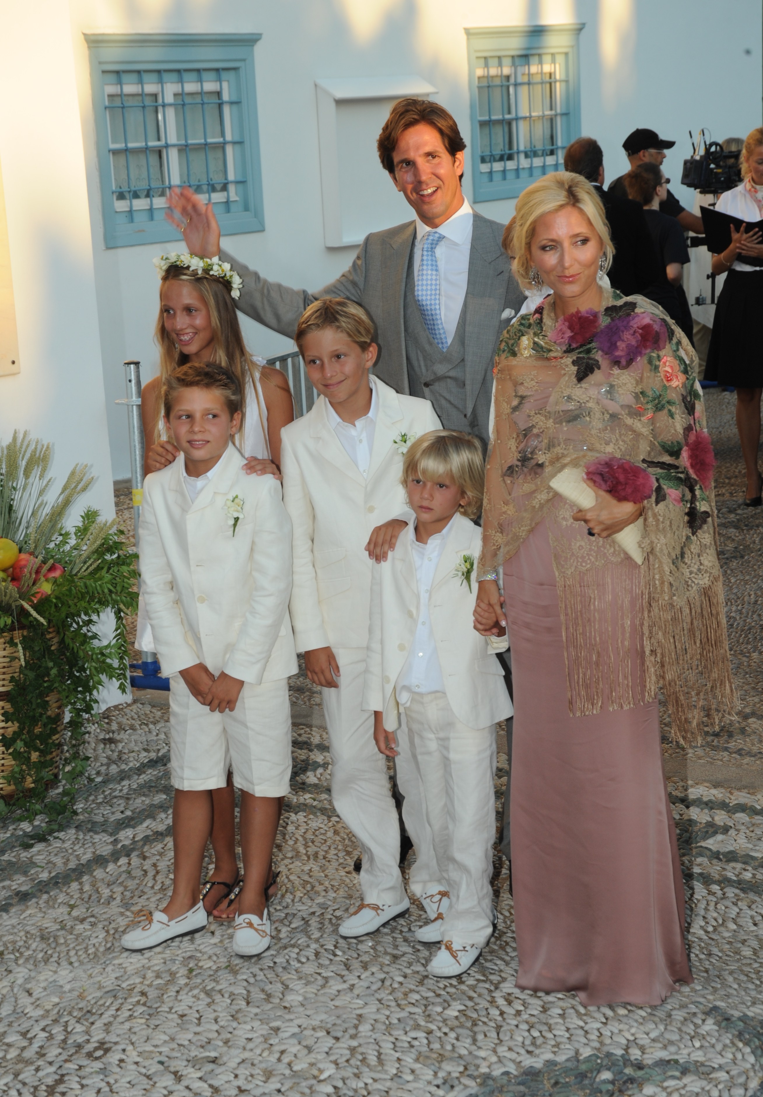 Prince Pavlos of Greece and Princess Marie-Chantal arrived in Spetses with their four children — Princess Maria-Olympia, Prince Achileas-Andreas, Prince Constantine-Alexios, and Prince Odysseas-Kimon — to attend the wedding of Prince Nikolaos of Greece and Tatiana Blatnik at the Cathedral of Ayios Nikolaos on August 25, 2010.