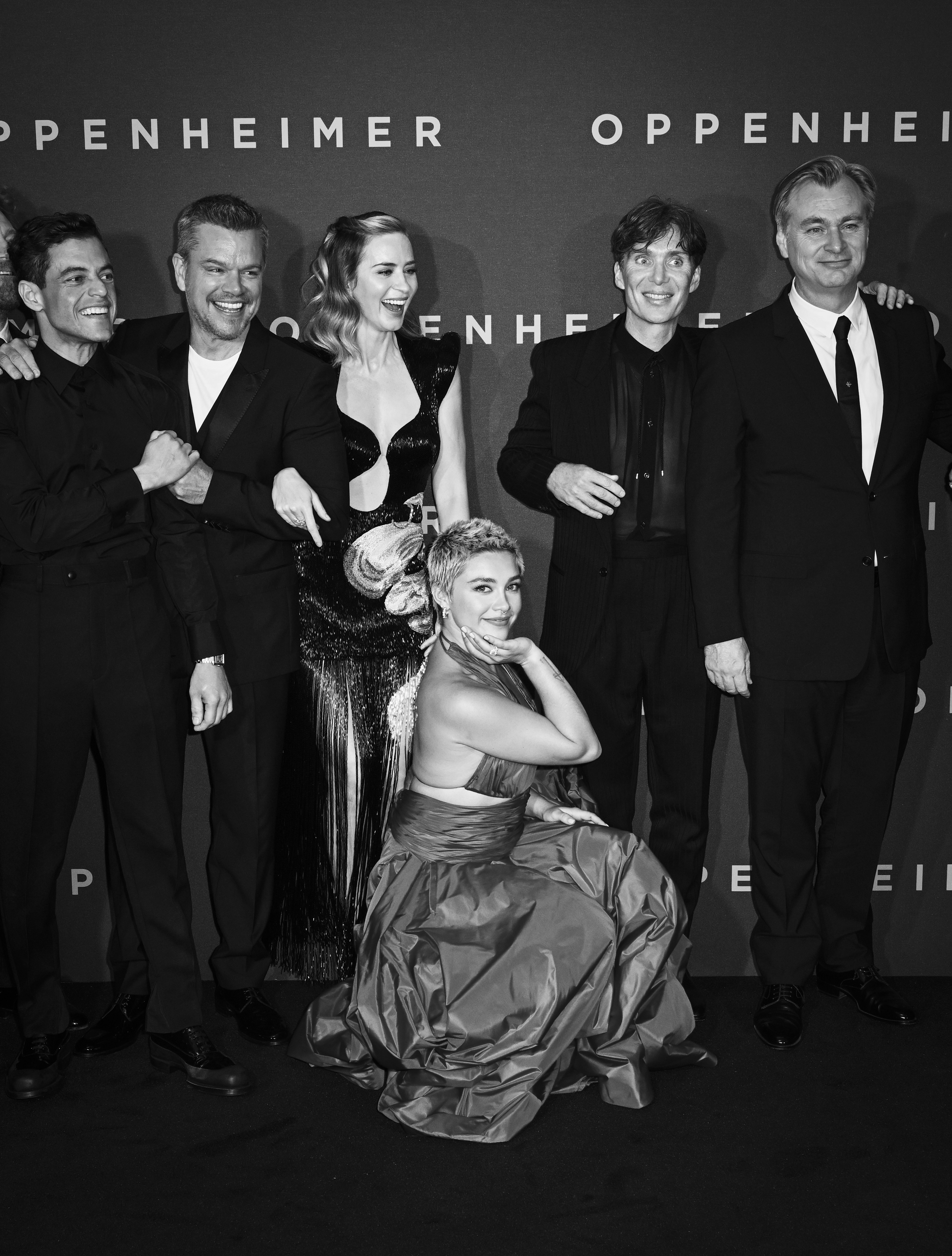 Rami Malek, Matt Damon, Emily Blunt, Florence Pugh, Cillian Murphy, and Christopher Nolan at the "Oppenheimer" UK Premiere on July 13, 2023, in London, England. | Source: Getty Images