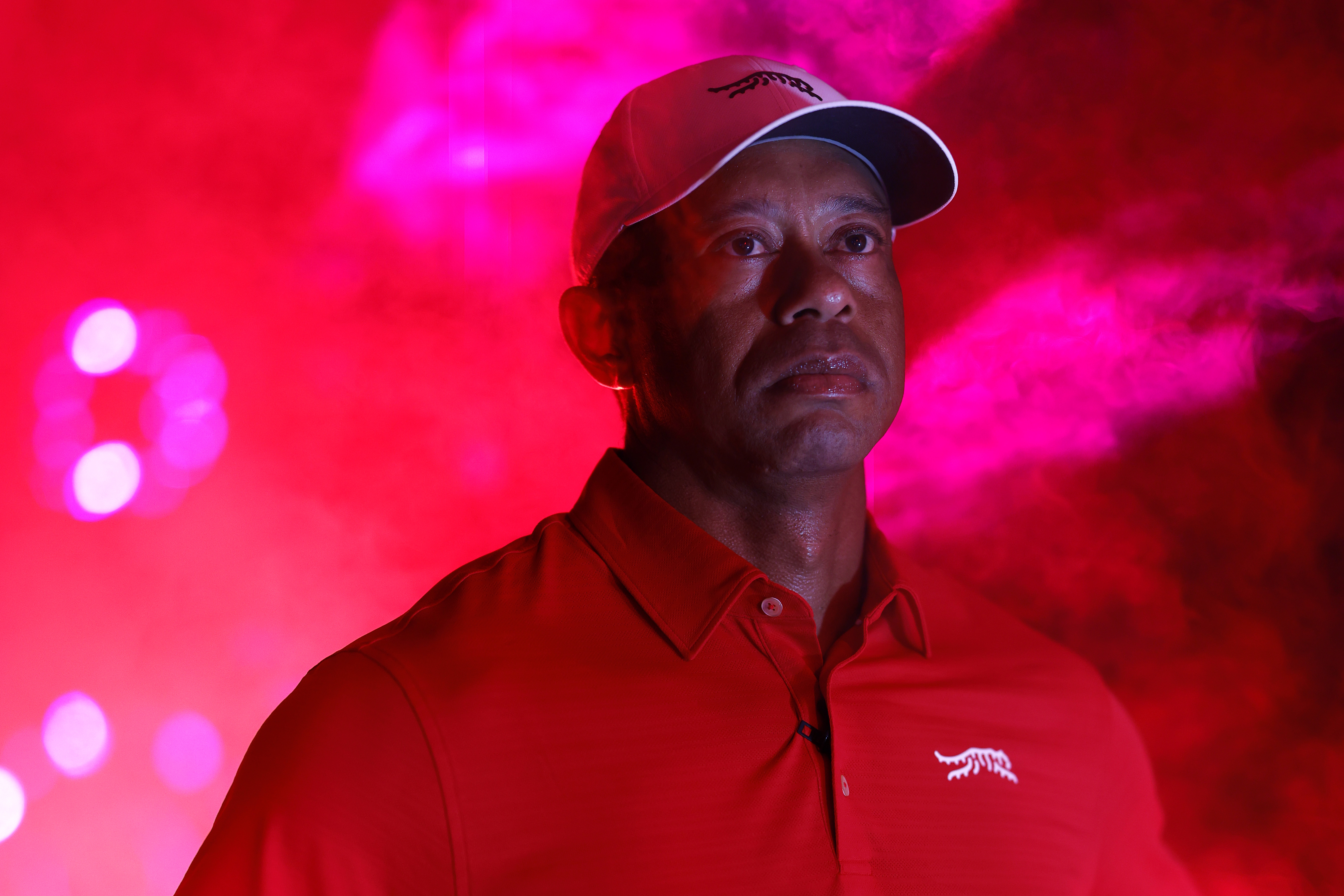 Tiger Woods of Jupiter Links Golf Club looks on during player introductions before the match against the Los Angeles Golf Club at SoFi Center on March 24, 2026, in Palm Beach Gardens, Florida | Source: Getty Images