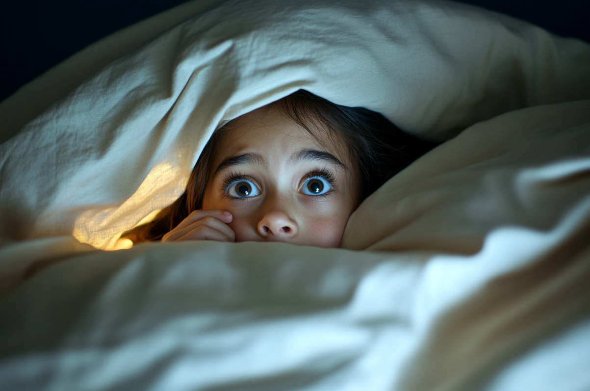 A girl hiding under her bed covers | Source: Midjourney