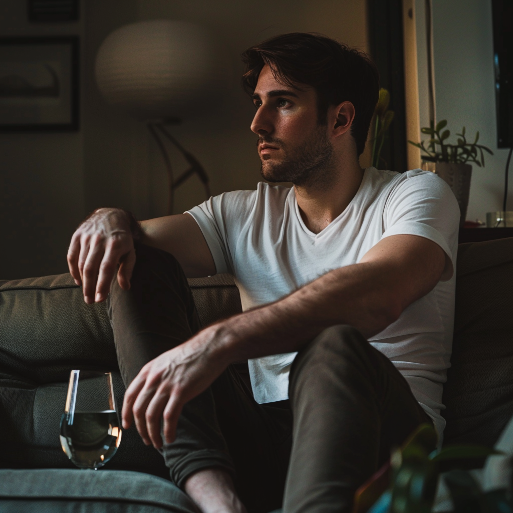 A depressed man sitting alone in his room with a glass of wine | Source: Midjourney