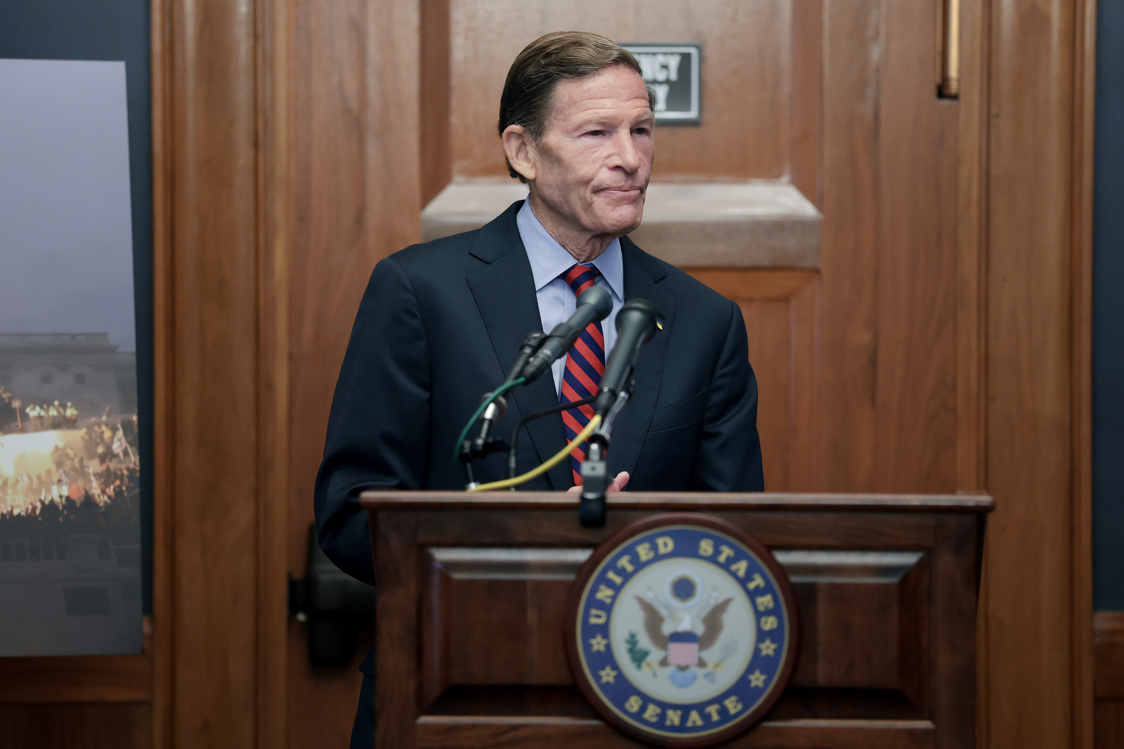 Sen. Richard Blumenthal called the reported circumstances "downright scary," "unprecedented" and "surreal." He also pressed for answers about what precautions were taken to protect the staff and journalists who remained aboard the apparent decoy aircraft. | Source: Getty Images