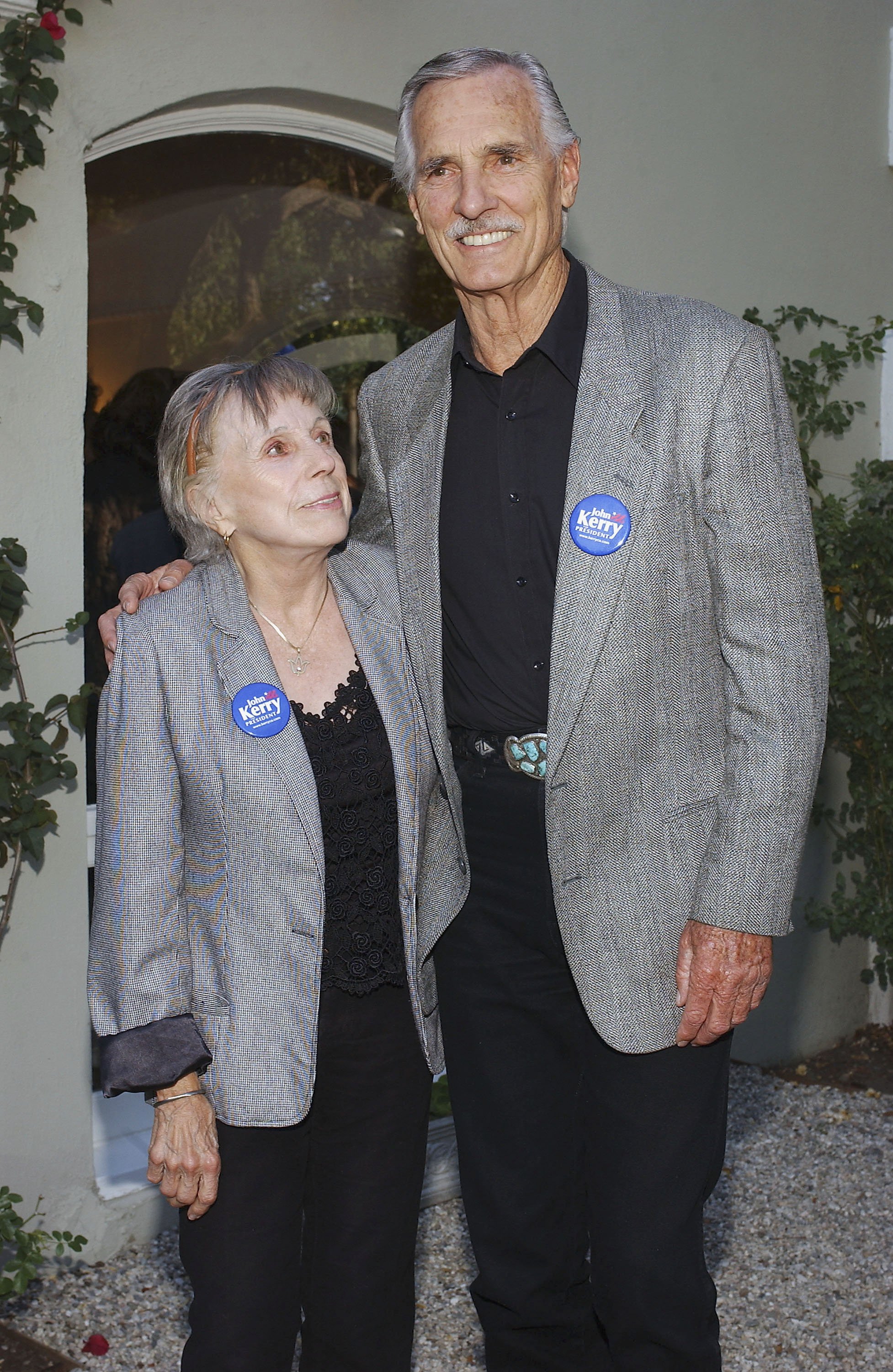 Dennis Weaver and Gerry Stowell arrive at the "Lift Ev'ry Vote" Hollywood fundraiser at the home of Michael Keegan on May 22, 2004 in Los Angeles, California. / Source: Getty Images