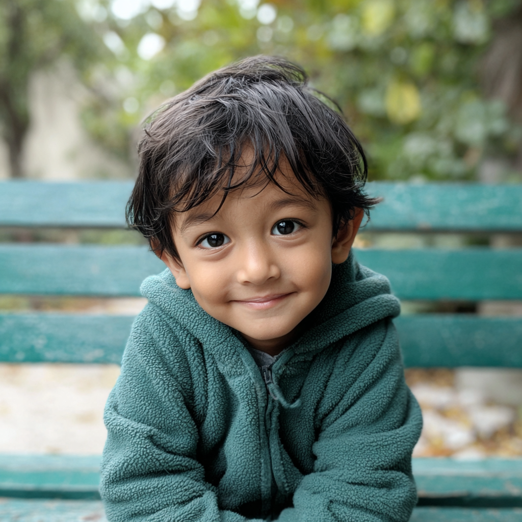 A smiling little boy sitting on a park bench | Source: Midjourney