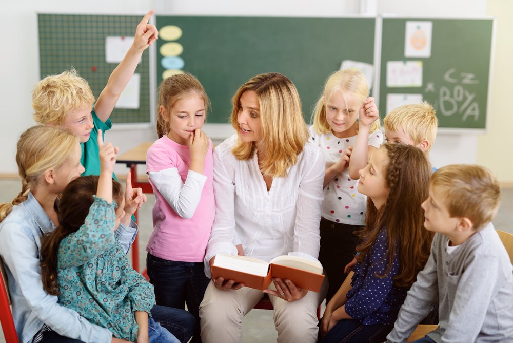 Weibliche Lehrerin, die ihren Kindergartenschülern etwas über die Geschichte im Buch im Klassenzimmer beibringt. I Quelle: Shutterstock