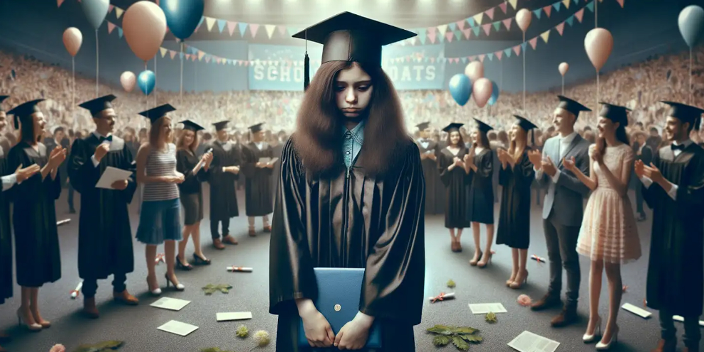 A young woman feeling sad on her graduation day with people cheering in the background | Source: Amomama