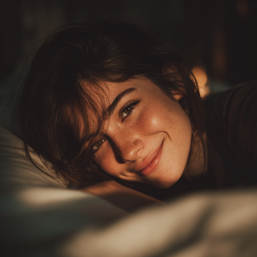 A young woman in bed, smiling | Source: Midjourney