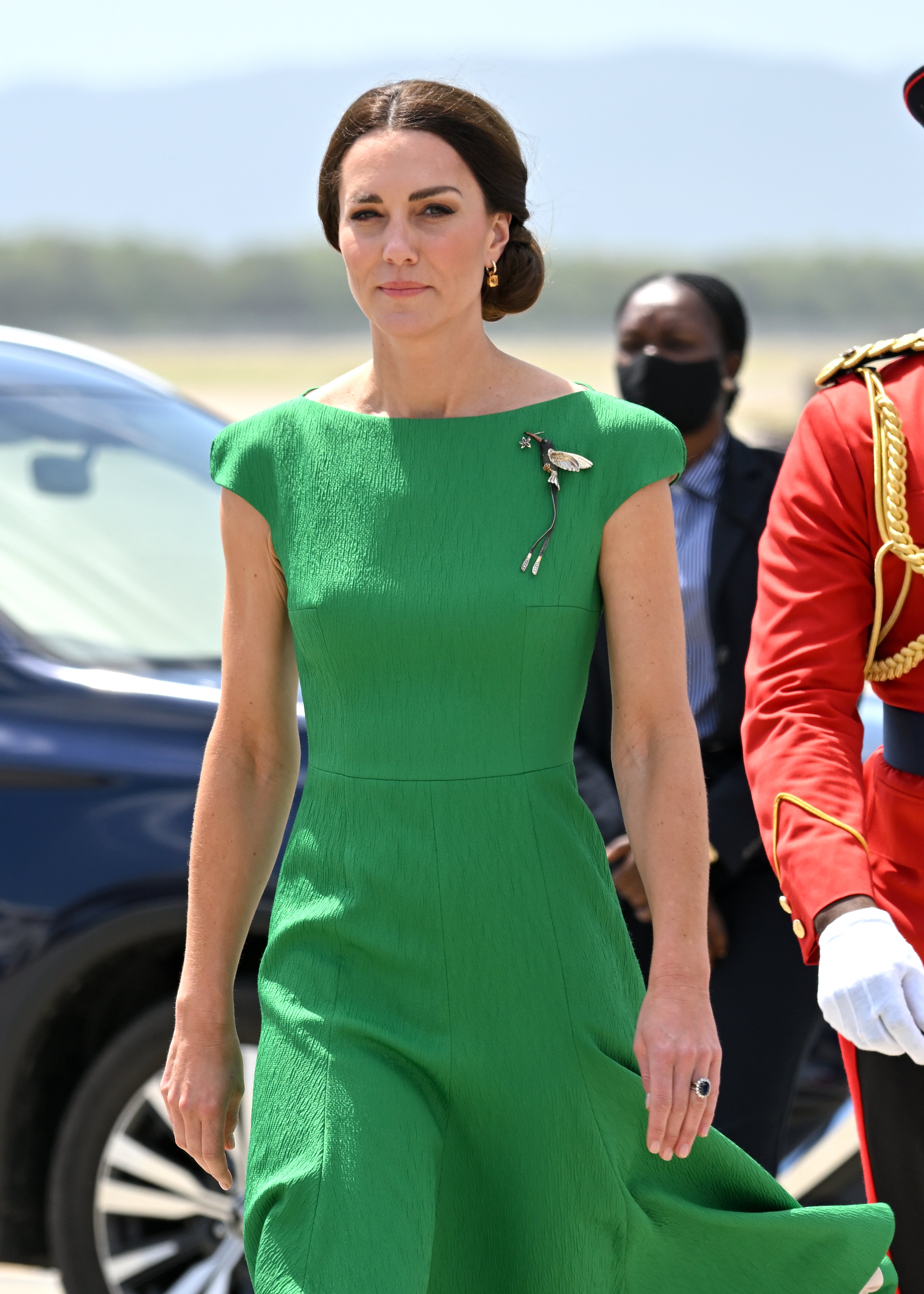 Catherine, Duchess of Cambridge ahead of her departure on RAF Voyager with Prince William, Duke of Cambridge from Norman Manley International Airport on day six of the Platinum Jubilee Royal Tour of the Caribbean on March 24, 2022 in Kingston, Jamaica. | Source: Getty Images