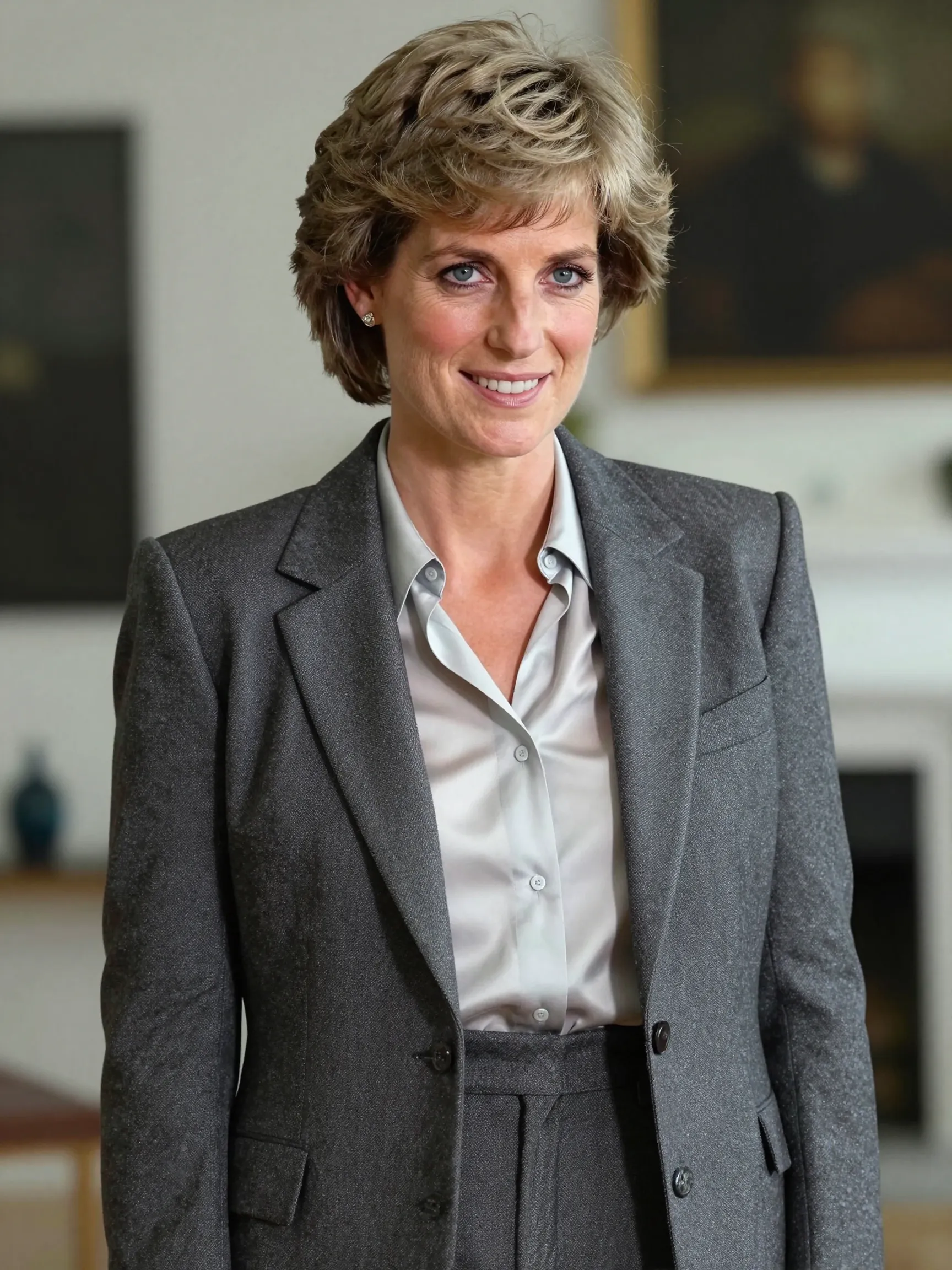 In this digitally rendered portrait, Diana, former Princess of Wales, stands in a modern interior dressed in a smart grey suit, her expression both welcoming and assured. The image hints at a woman who might have continued public service well into her later years, commanding attention without ever seeking it. | Source: Grok