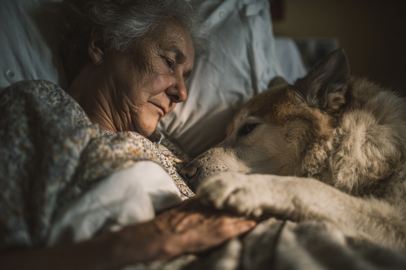 A dog sitting next to an older woman | Source: Midjourney