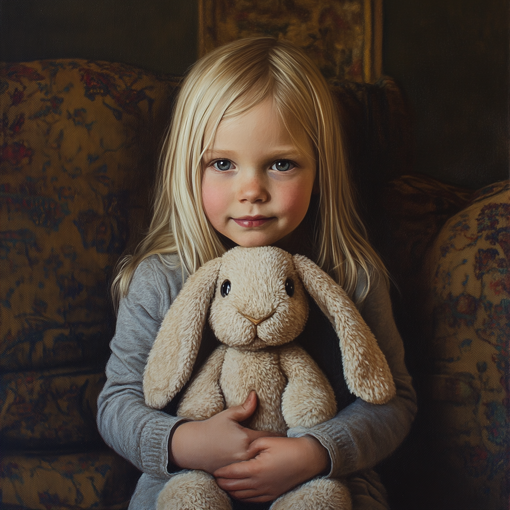 A girl holding a stuffed bunny | Source: Midjourney