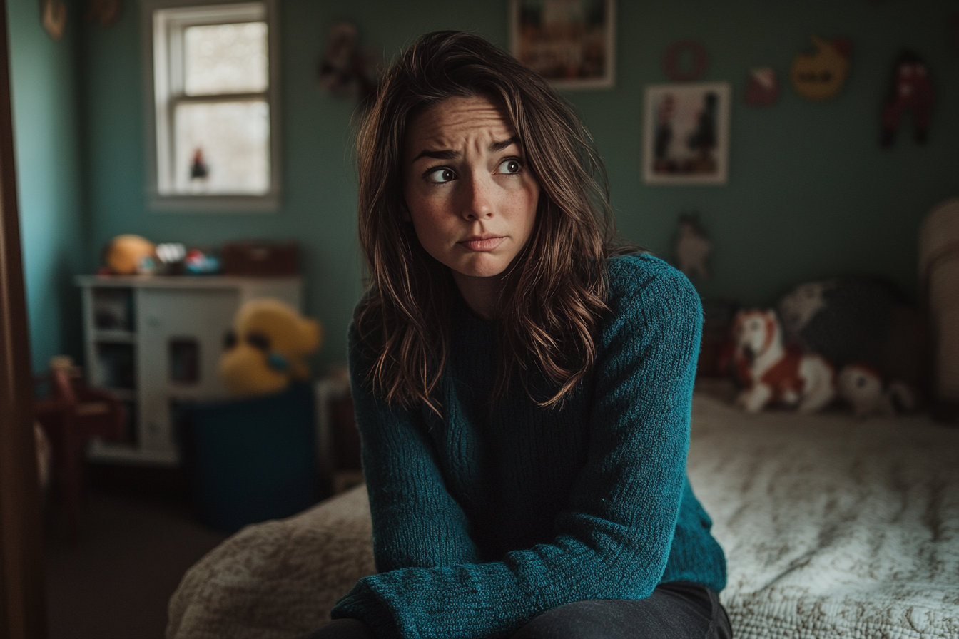 A woman looking worried in a child's bedroom | Source: Midjourney